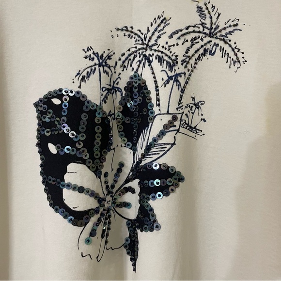 Olsen Europe Cream Floral Palm Tree Tee Large? Sequins 3/4 Sleeves Cotton - Picture 7 of 8